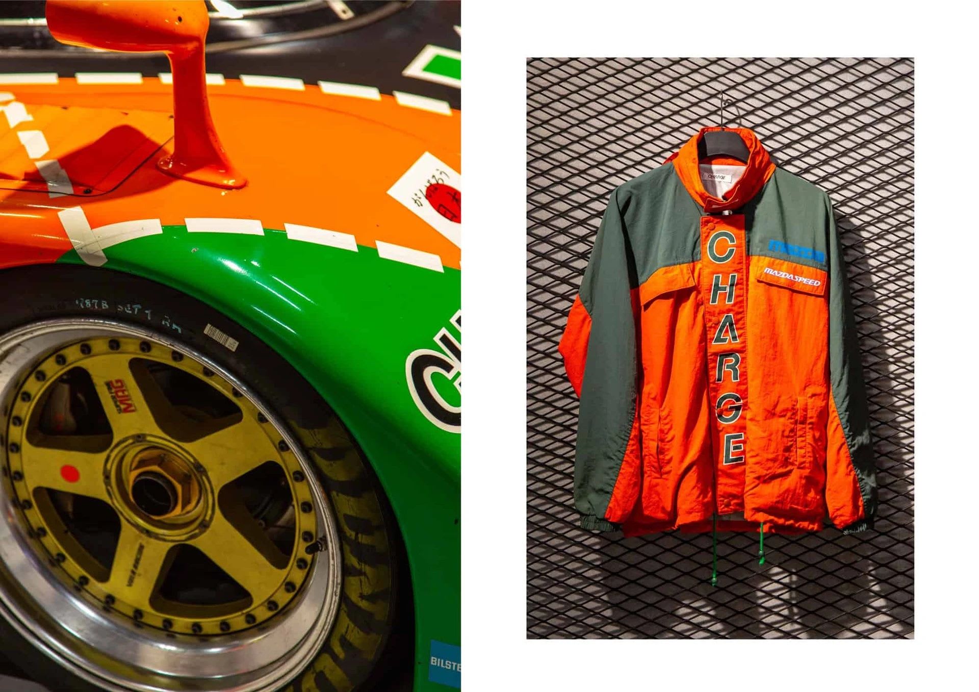 Close up of the Mazda 787B Le Mans race car and a race team jacket