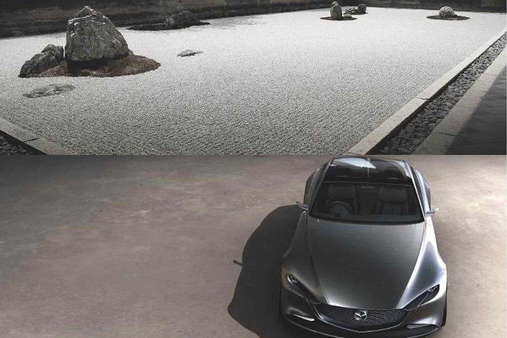 Split image of a Japanese rock garden and a dark grey Mazda concept car