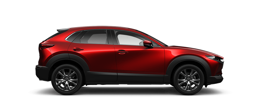 Side view of Mazda CX-30 Takami in Soul Red Crystal Metallic