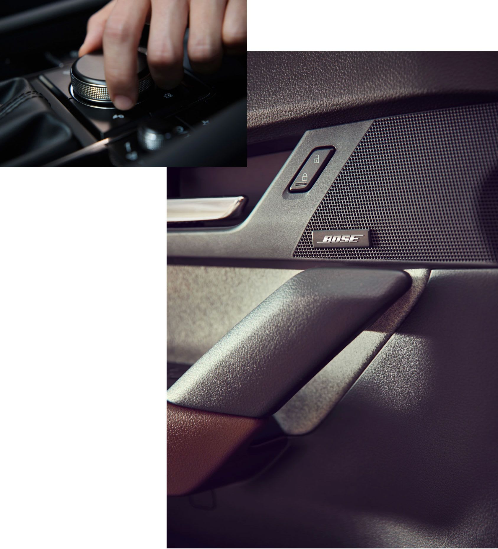 Photo collage of a volume knob and a Bose door speaker inside a Mazda car