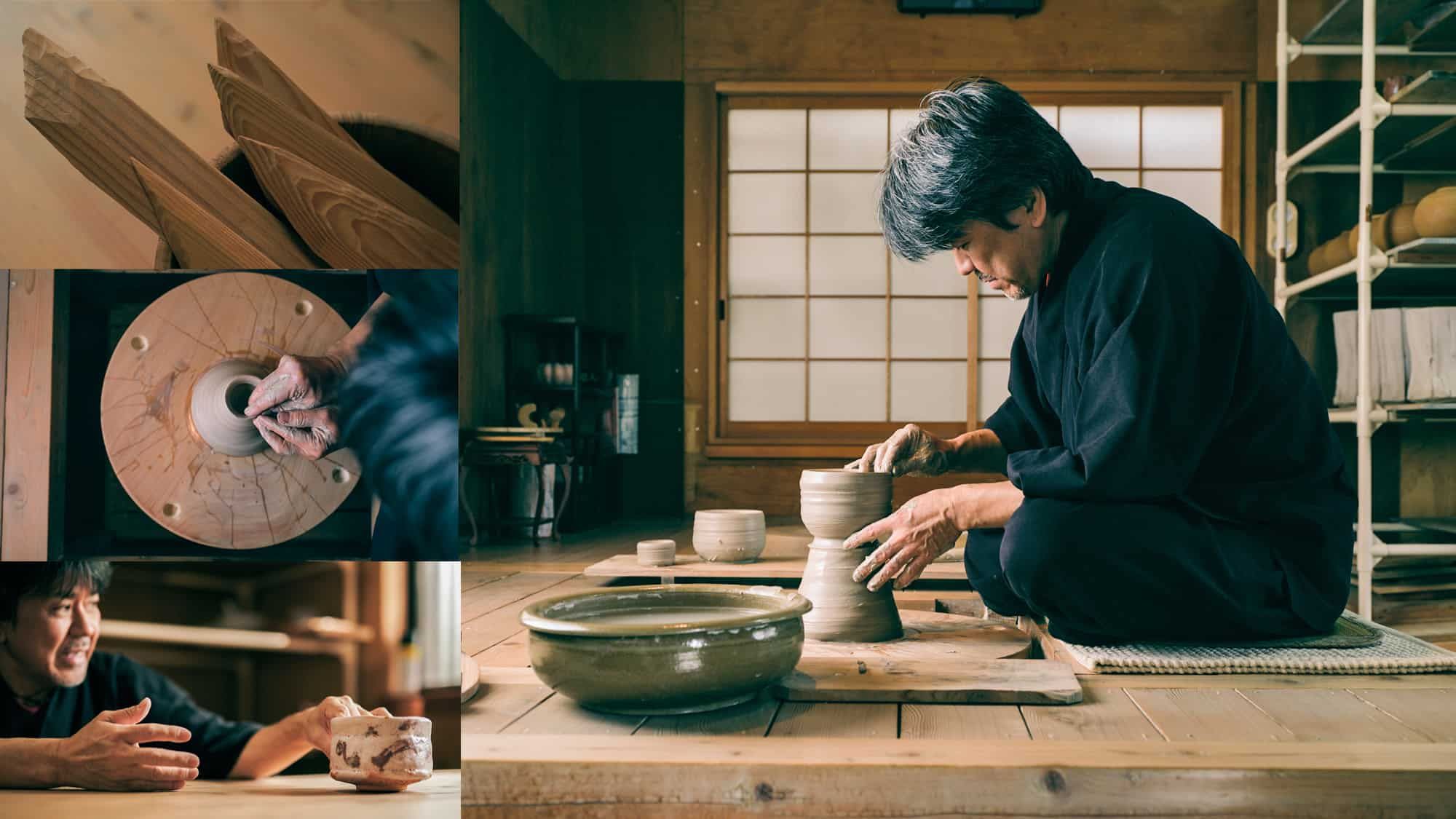 Photo collage of a Japanese craftswoman creating ceramic pots