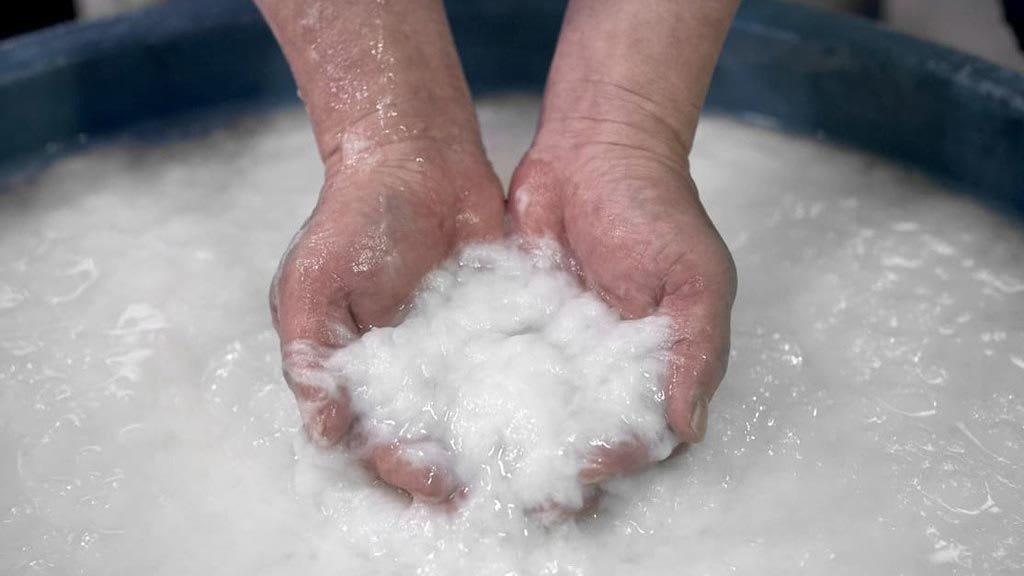 Close up of hands in the process of making traditional Japanese Washi paper