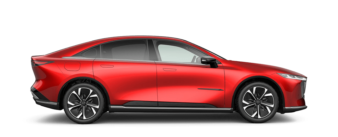 Side view of the Mazda6e EV Sedan in Soul Crystal Red Metallic