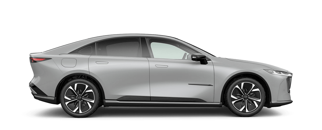 Side view of the Mazda6e EV Sedan in Aero Grey Metallic