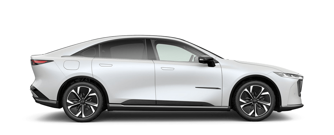 Side view of the Mazda6e EV Sedan in Crystal White Metallic
