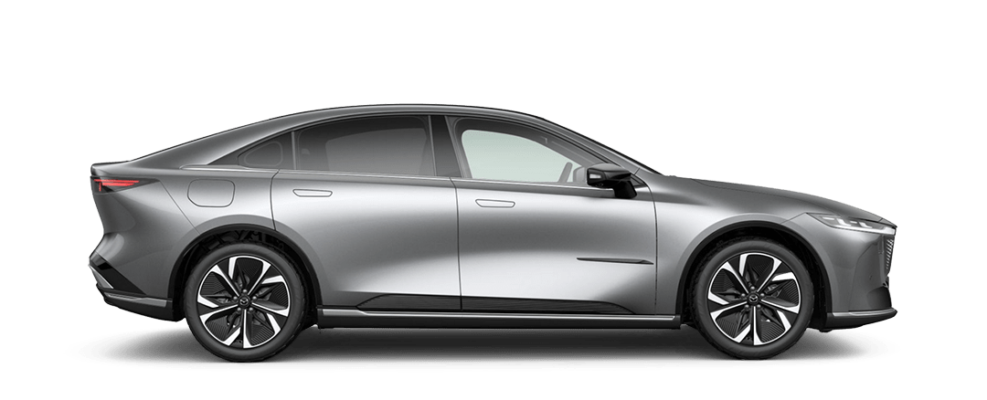Side view of the Mazda6e EV Sedan in Machine Grey Metallic