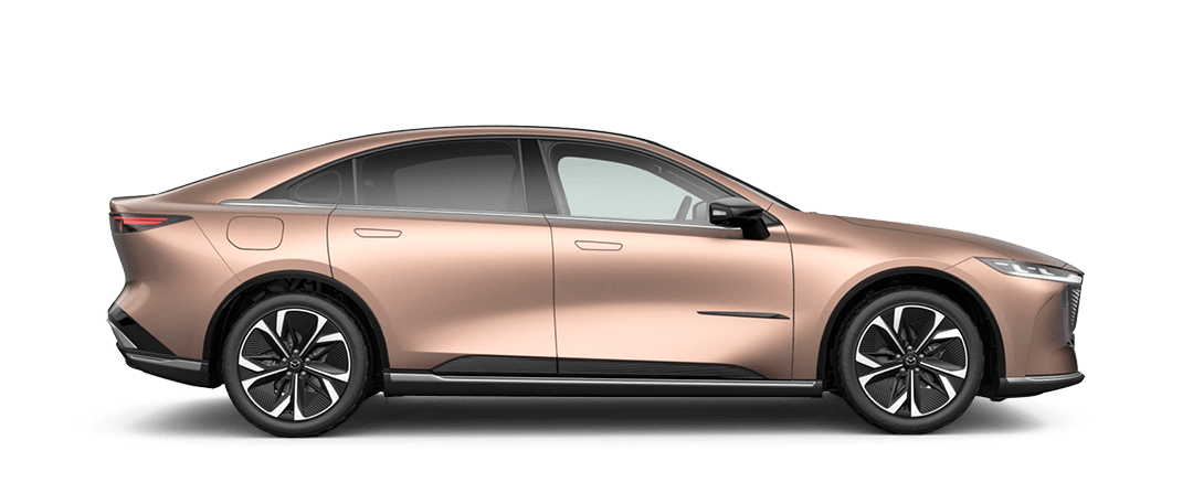 Side view of the Mazda6e EV Sedan in Melting Copper Metallic