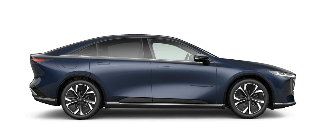 Side view of the Mazda6e EV Sedan in Deep Crystal Blue Metallic