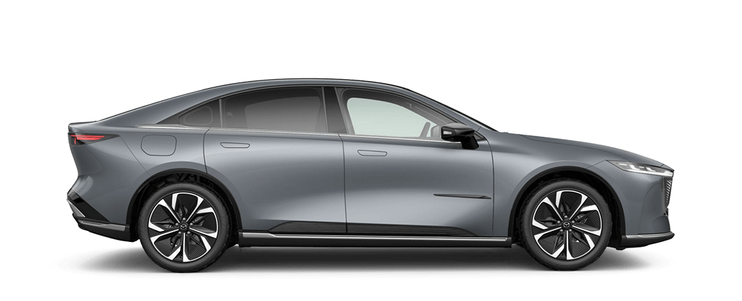 Side view of the Mazda6e EV Sedan in Polymetal Grey Metallic