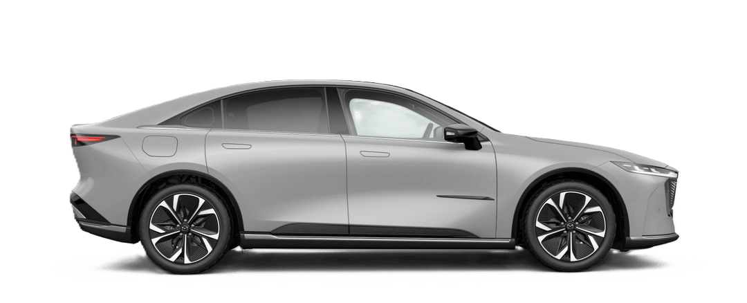 Side view of the Mazda 6e electric sedan in Aero Grey Metallic