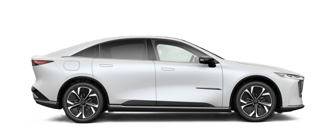 Side view of the Mazda 6e electric sedan in Crystal White Pearl Metallic