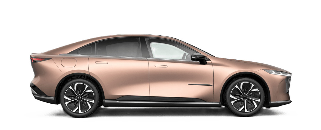 Side view of the Mazda 6e electric sedan in Melting Copper Metallic