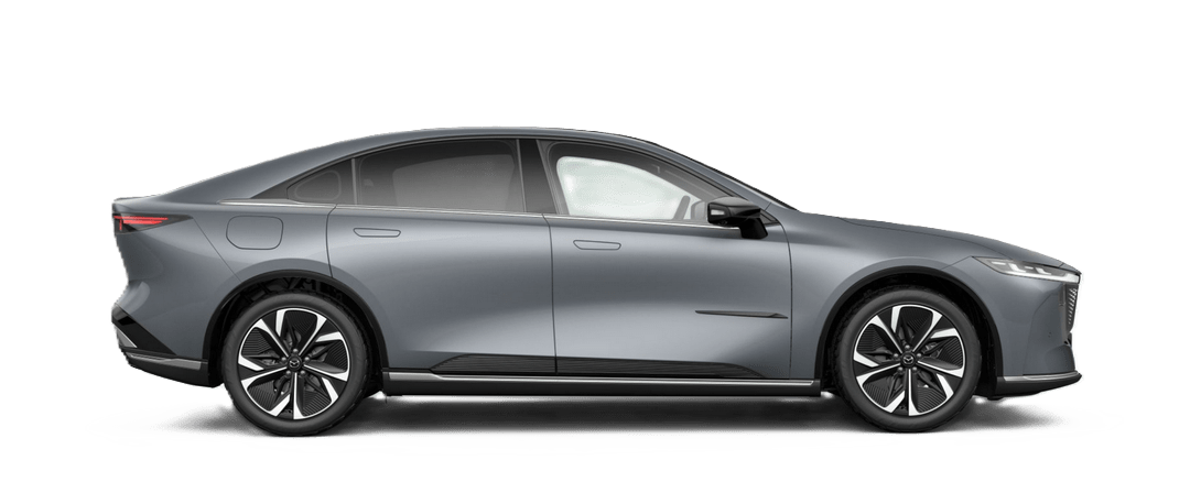 Side view of the Mazda 6e electric sedan in Polymetal Grey Metallic