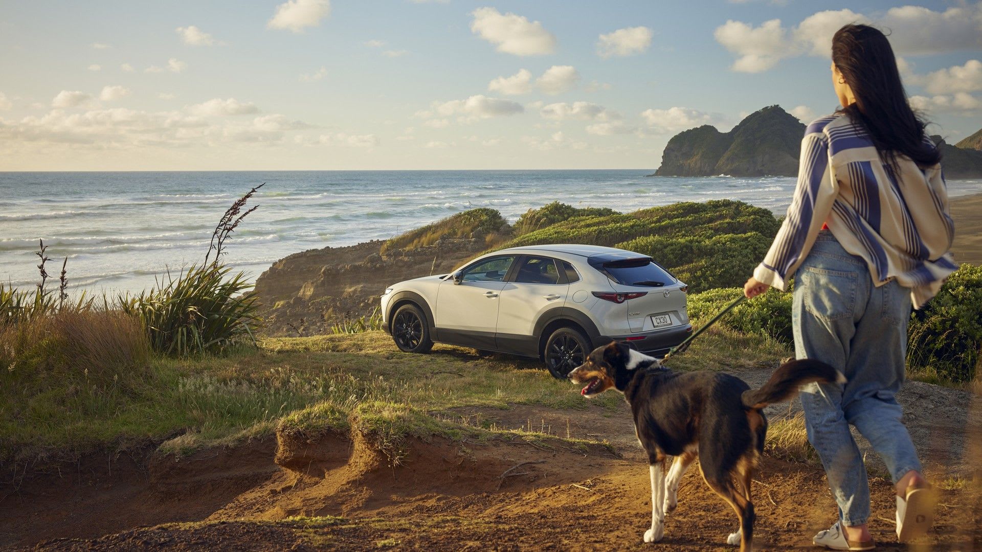 A person and their dog walking towards a Mazda CX-30 in Ceramic Metallic, parked on a hill overlooking the sea.
