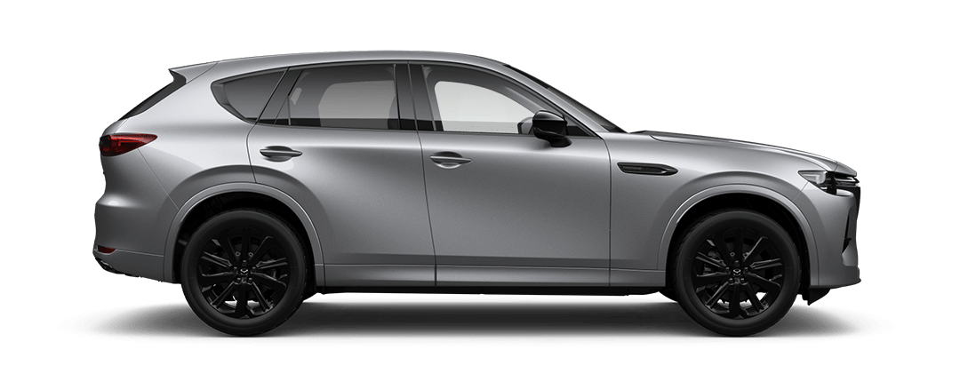 Side view of a Mazda CX-60 SUV Homura Hybrid in Sonic Silver