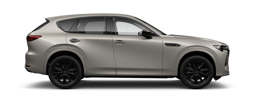 Side view of a Mazda CX-60 SUV Homura Hybrid in Platinum Quartz