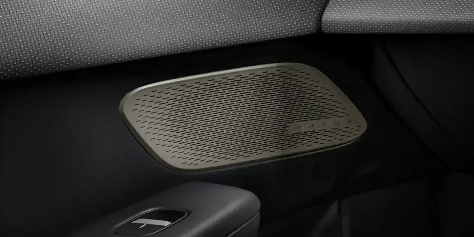 Close up of one of the 23 speakers inside the all-electric Mazda CX-6e SUV for a premium immersive sound system