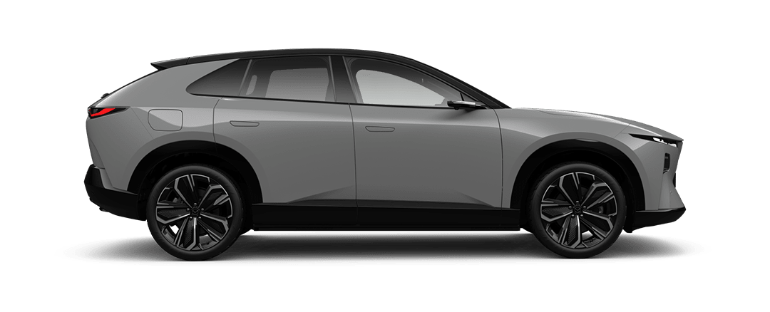 Side view of an all-electric Mazda CX-6e SUV Takami in Aero Grey