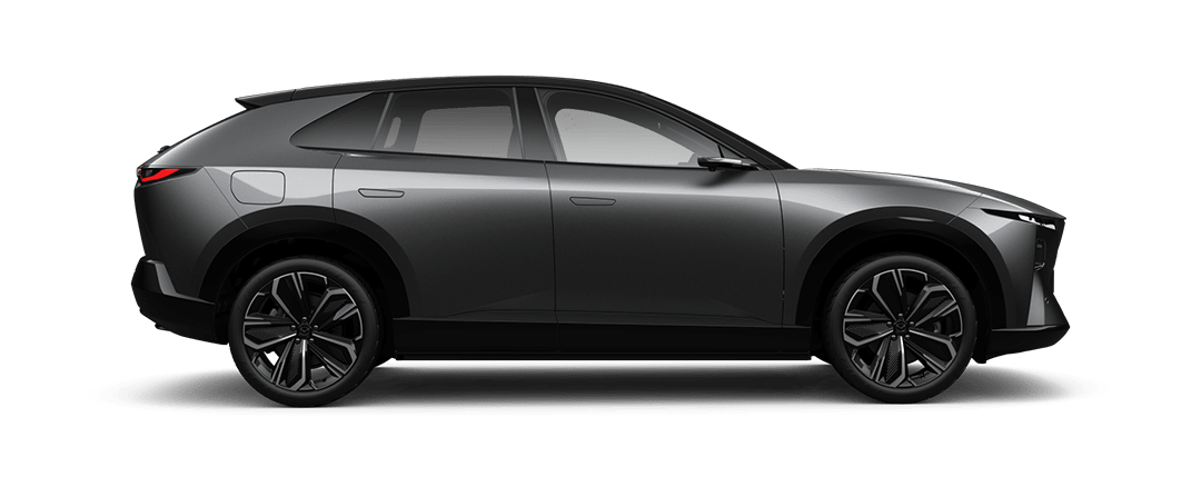 Side view of an all-electric Mazda CX-6e SUV Takami in Machine Grey