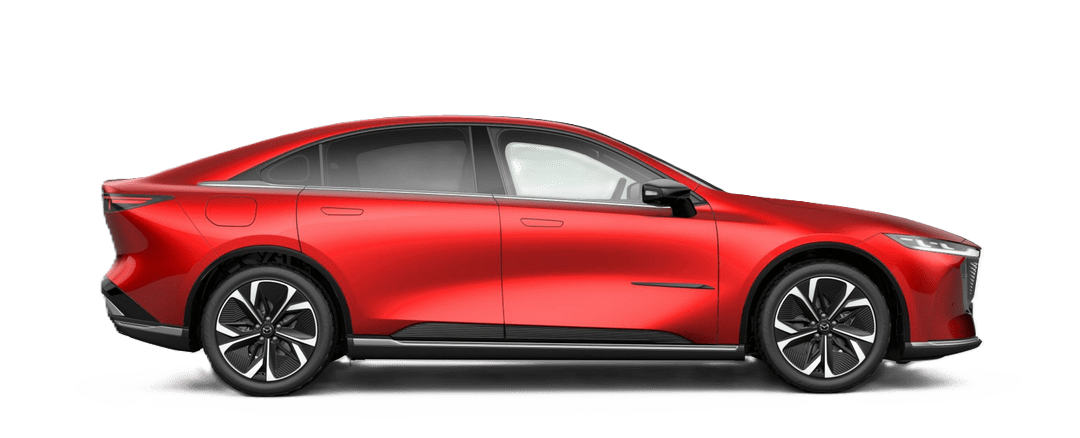 Side view of the all-electric Mazda 6e EV Hatchback in Soul Crystal Red Metallic