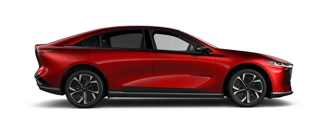 Side view of an all-electric Soul Red Mazda 6e hatchback