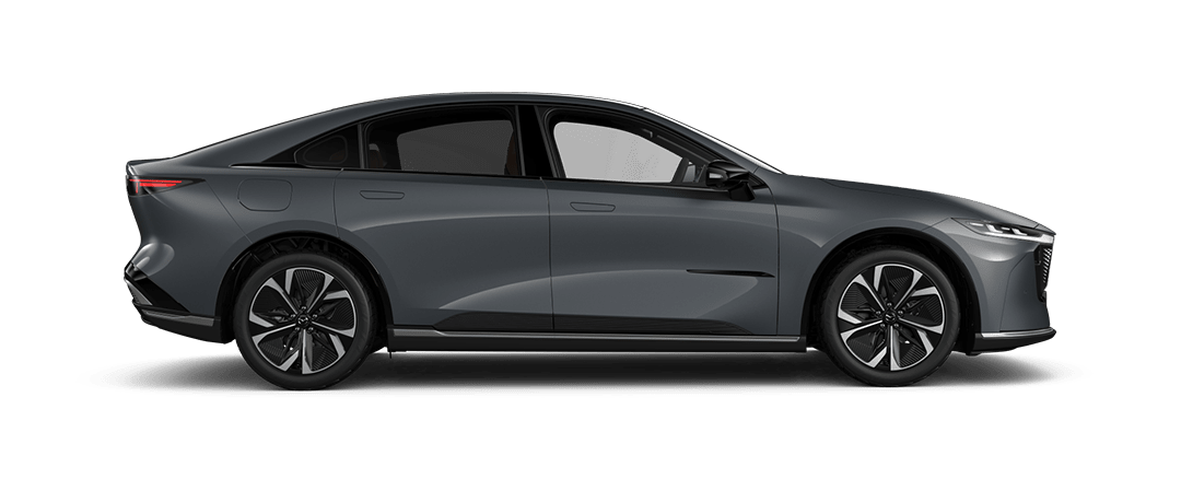 Side view of an all-electric Polymetal Grey Mazda 6e hatchback