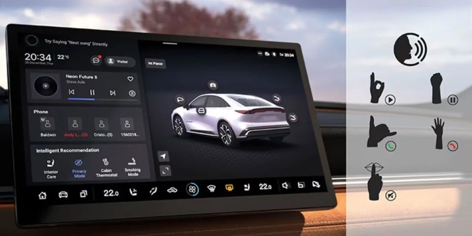 Close up of the all-electric Mazda 6e hatchback's large centre touchscreen showing gesture control settings
