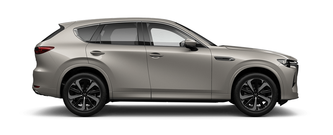 Side view of a Platinum Quartz Mazda CX-60 SUV Takami Hybrid