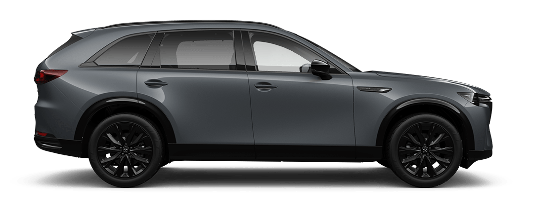 Side view of a Polymetal Grey Mazda CX-90 SUV Takami Kuro Hybrid