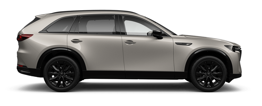 Side view of a Platinum Quartz Mazda CX-90 SUV Takami Kuro Hybrid