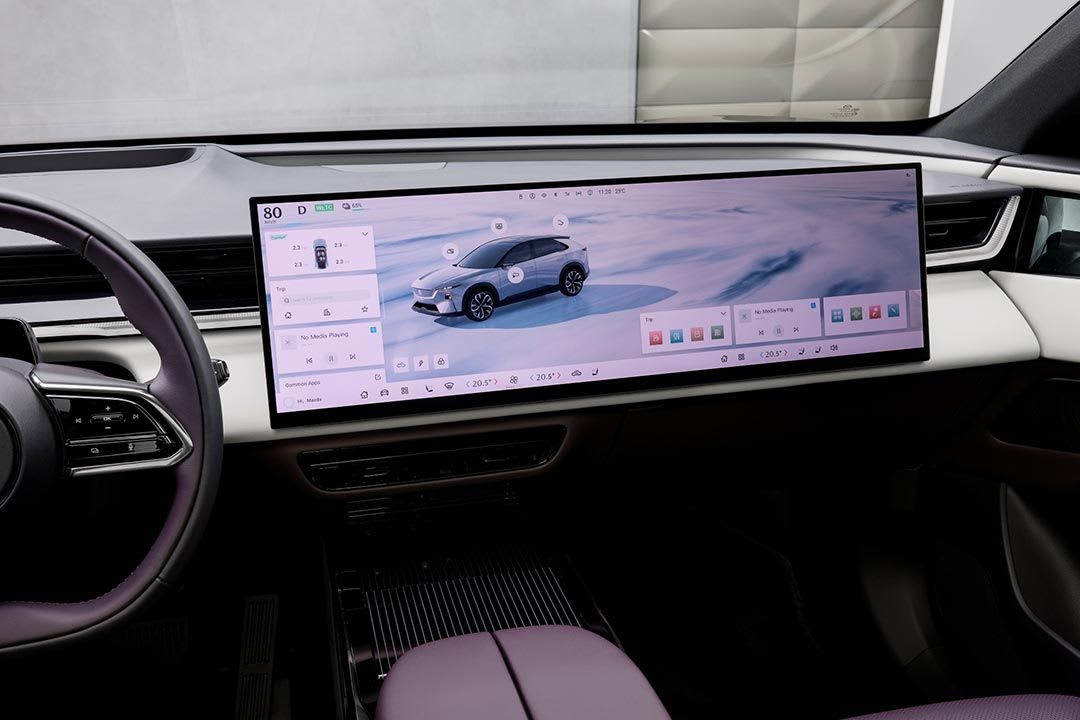 Close up of the large central touchscreen of the all-electric Mazda CX-6e SUV