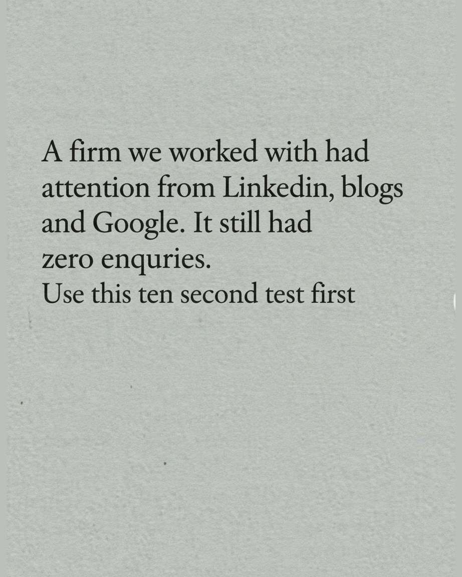 Grey paper page with the words A firm we worked with had attention from LinkedIn, blogs and Google, it still had zero enquiries, set in serif type with the phrase zero enquiries highlighted in mustard yellow