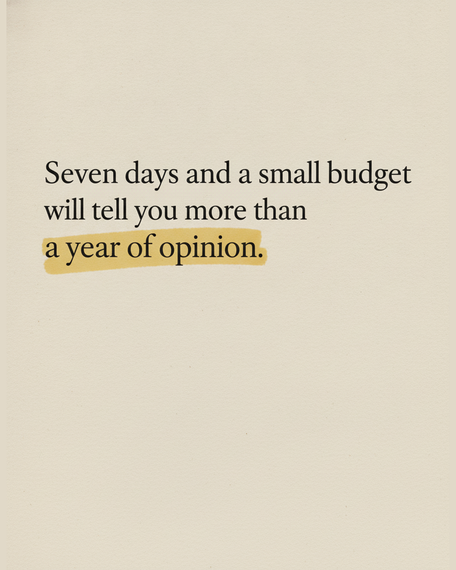Grey paper page reading Seven days and a small budget will tell you more than a year of opinion, with the phrase a year of opinion highlighted in yellow