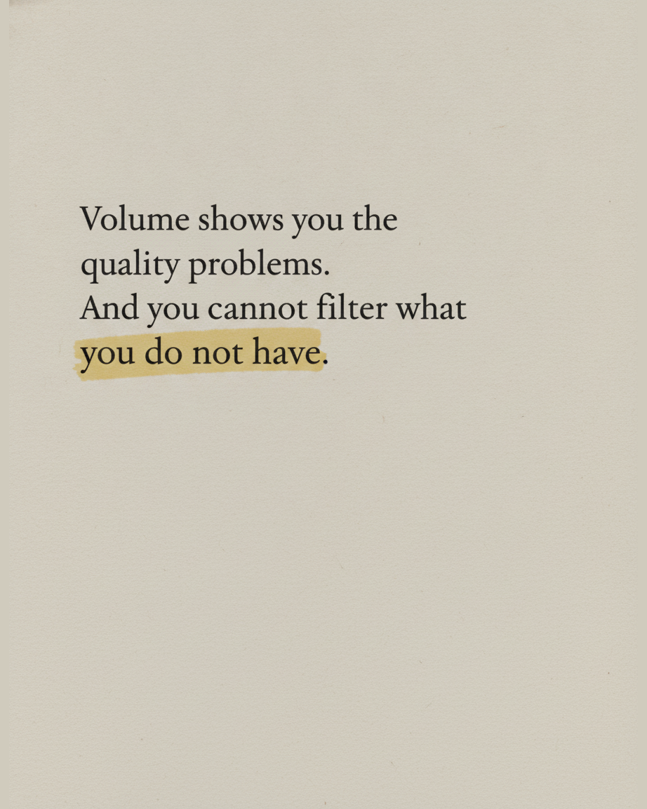 Grey paper page reading Volume shows you the quality problems, and you cannot filter what you do not have, with the closing phrase highlighted in yellow