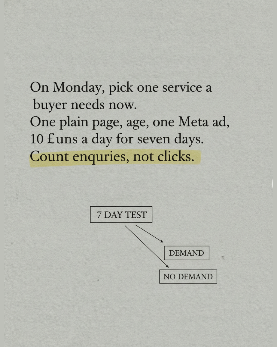 Grey paper page reading On Monday, pick one service a buyer needs now, one plain page, one Meta ad, with a diagram of a box labelled 7 DAY TEST splitting into DEMAND and NO DEMAND