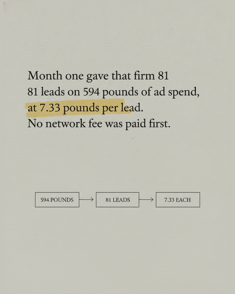 Grey paper page reading Month one gave that firm 81 leads on 594 pounds of ad spend, with the phrase 7.33 pounds per lead highlighted, above an ink diagram of three boxes