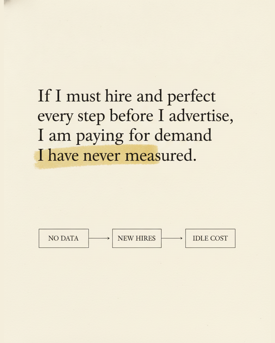 Grey paper page reading If I must hire and perfect every step before I advertise, I am paying for demand I have never measured, with a diagram of three boxes labelled NO DATA, NEW HIRES and IDLE COST