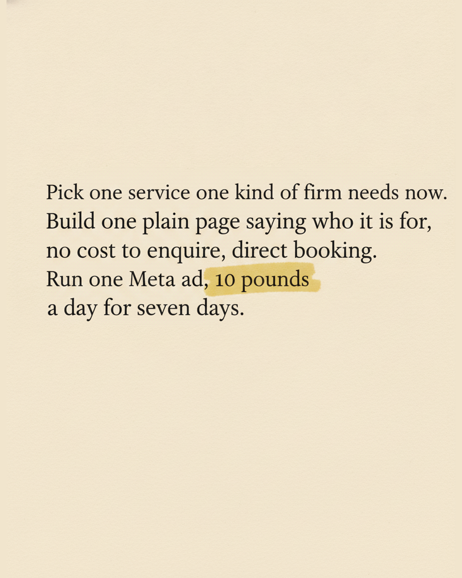 Grey paper page instructing to pick one service, build one plain page and run one Meta ad at ten pounds a day for seven days