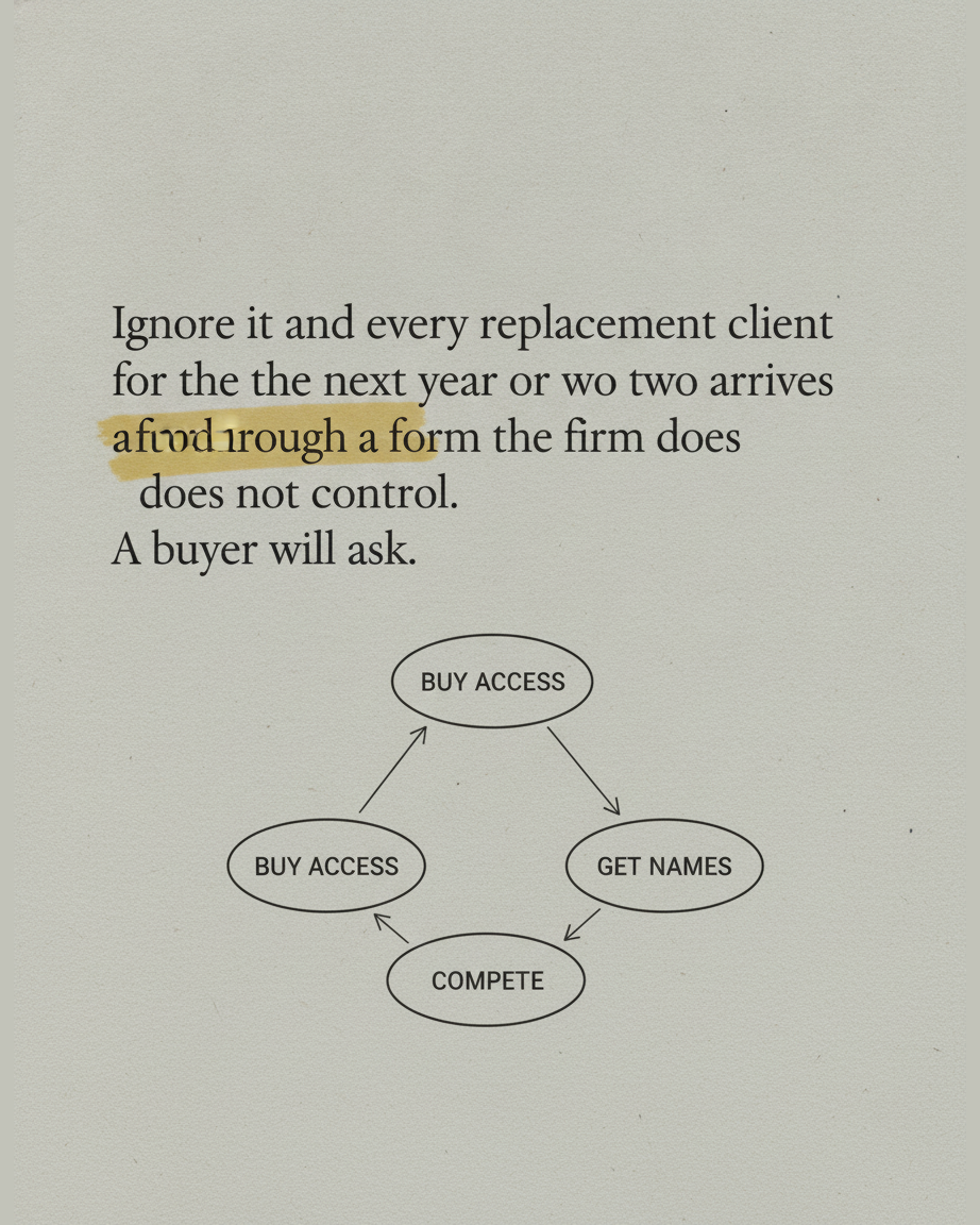 Grey paper page reading Ignore it and every replacement client for the next year or two arrives through a form the firm does not control, with a loop diagram of BUY ACCESS, GET NAMES, COMPETE