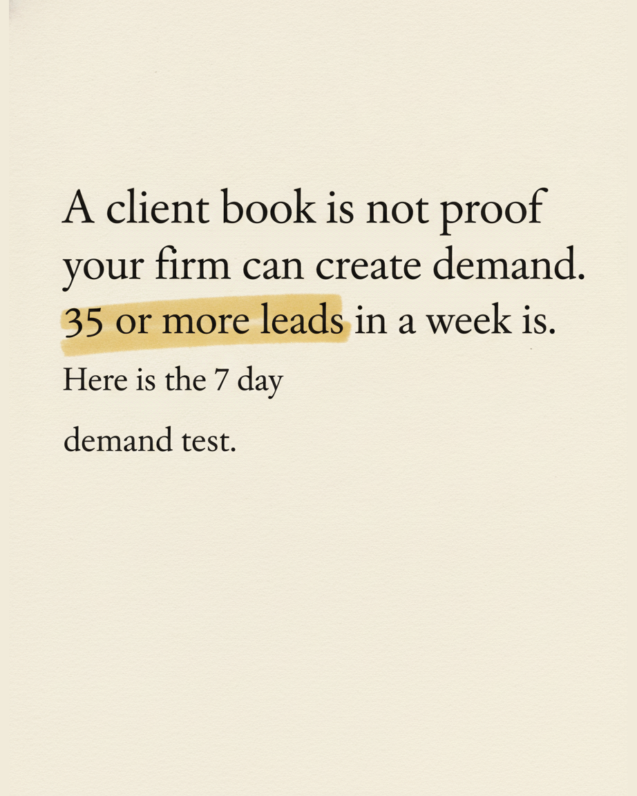 Grey paper page with the words A client book is not proof your firm can create demand set in serif type, with the phrase 35 or more leads highlighted in mustard yellow