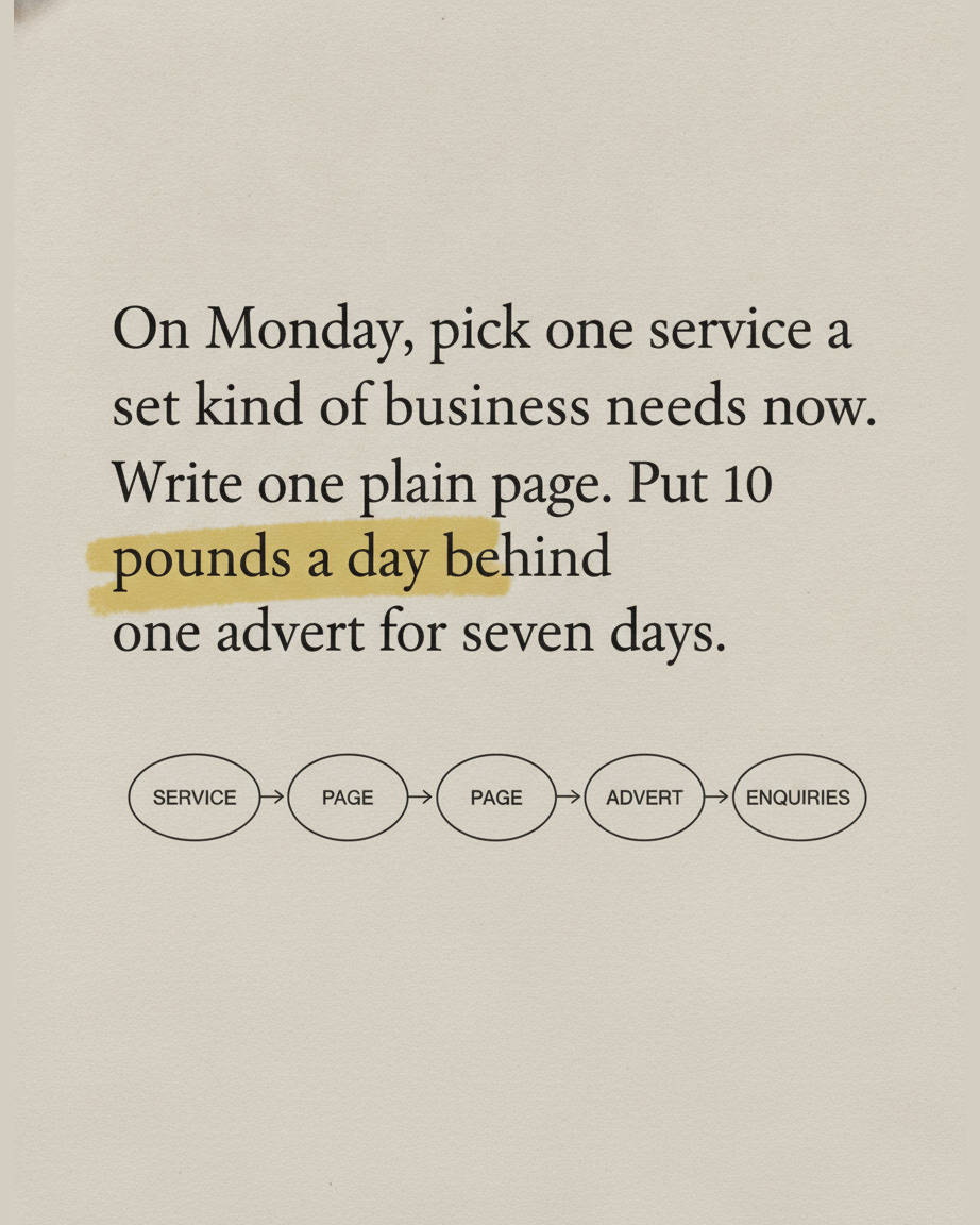 Grey paper page reading On Monday pick one service a set kind of business needs now, write one plain page, put 10 pounds a day behind one advert for seven days, with a diagram of SERVICE, PAGE, ADVERT, ENQUIRIES