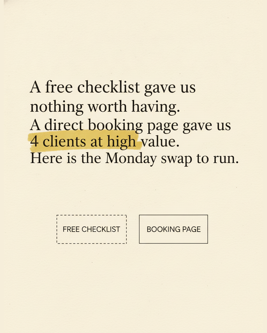 Grey paper page with the words A free checklist gave us nothing worth having, a direct booking page gave us 4 clients at high value, set in serif type with the final phrase highlighted in yellow