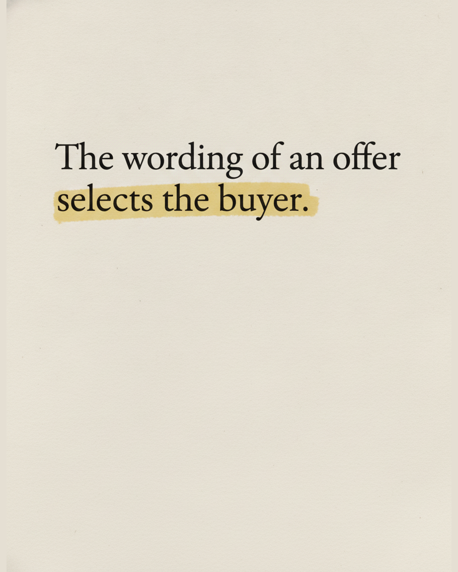 Grey paper page reading The wording of an offer selects the buyer, with the phrase selects the buyer highlighted in yellow