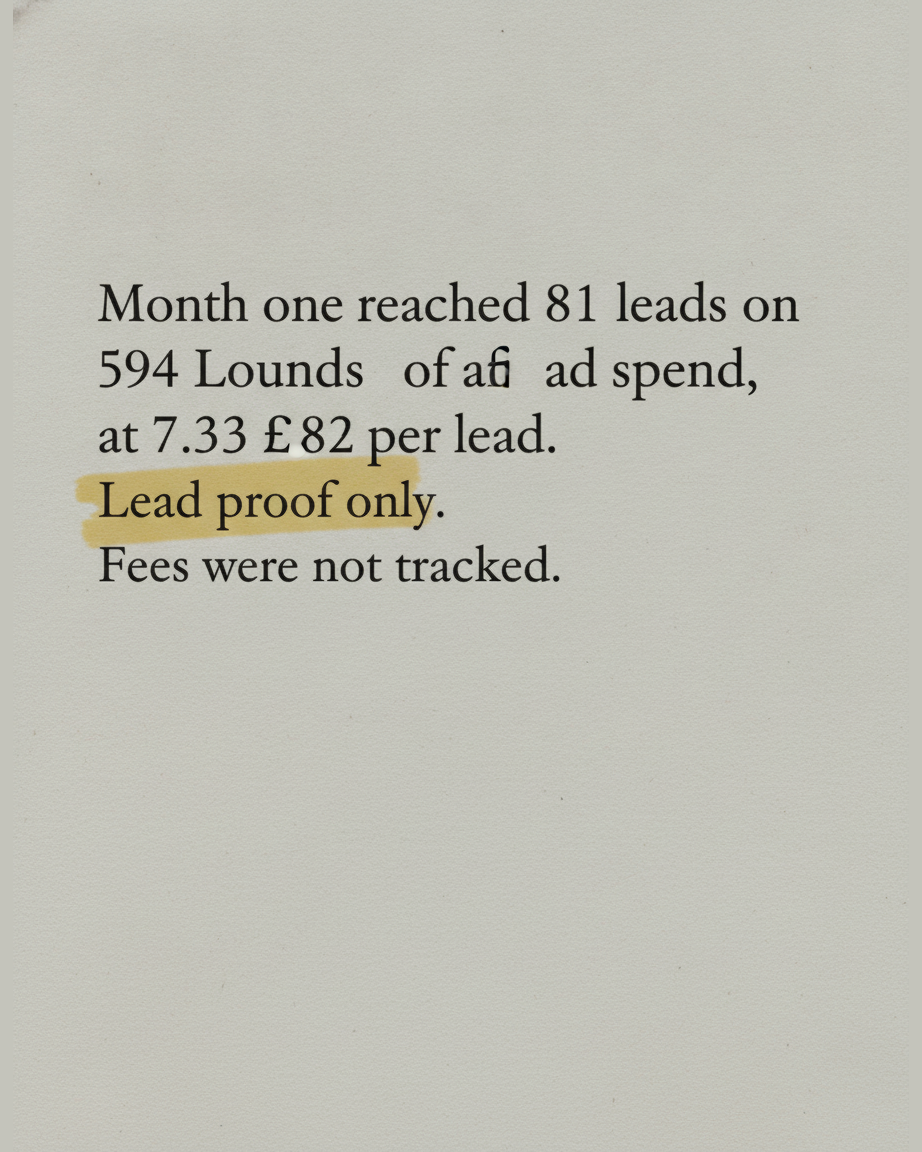 Grey paper page reading Month one reached 81 leads on 594 pounds of ad spend at 7.33 pounds per lead, lead proof only, fees were not tracked, with the cost per lead highlighted