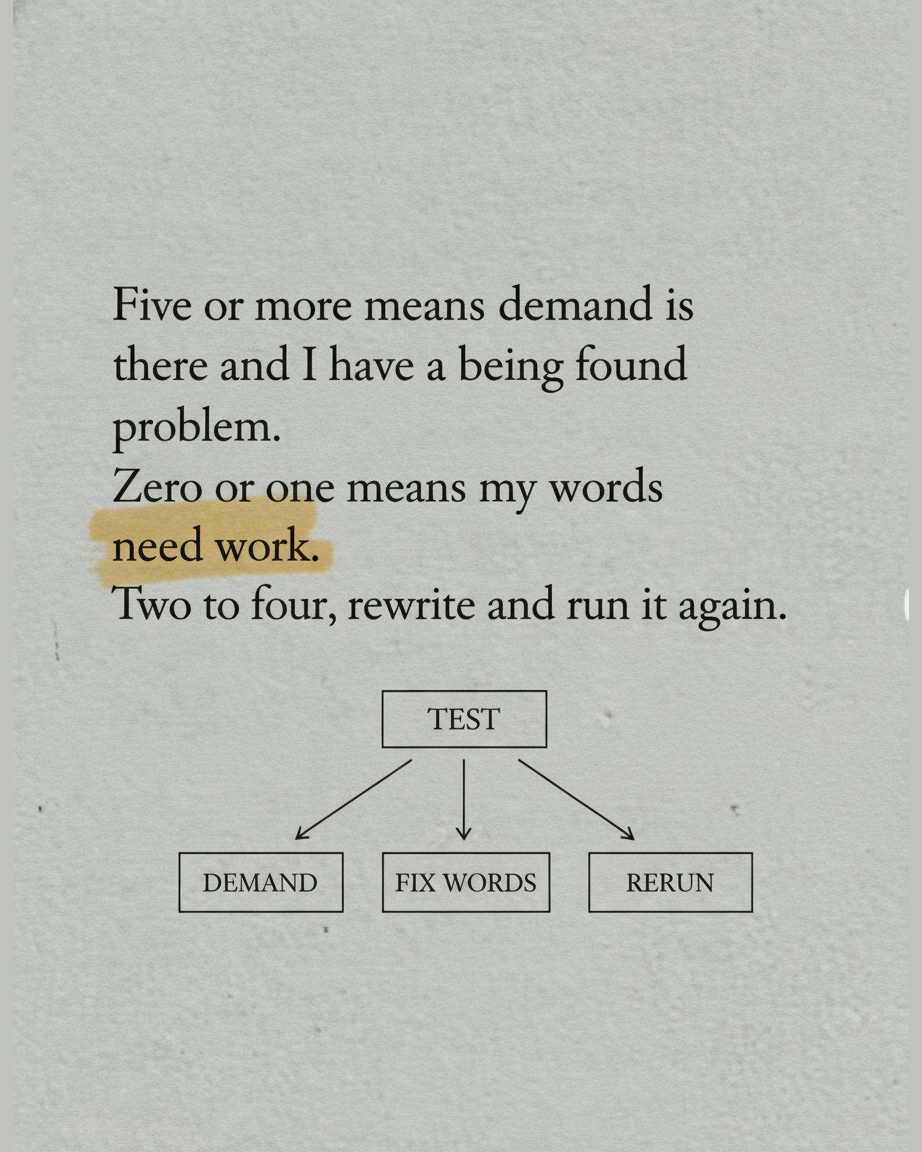 Grey paper page in serif type with the phrase five or more means demand highlighted, above a diagram splitting Test into Demand, Fix Words and Rerun