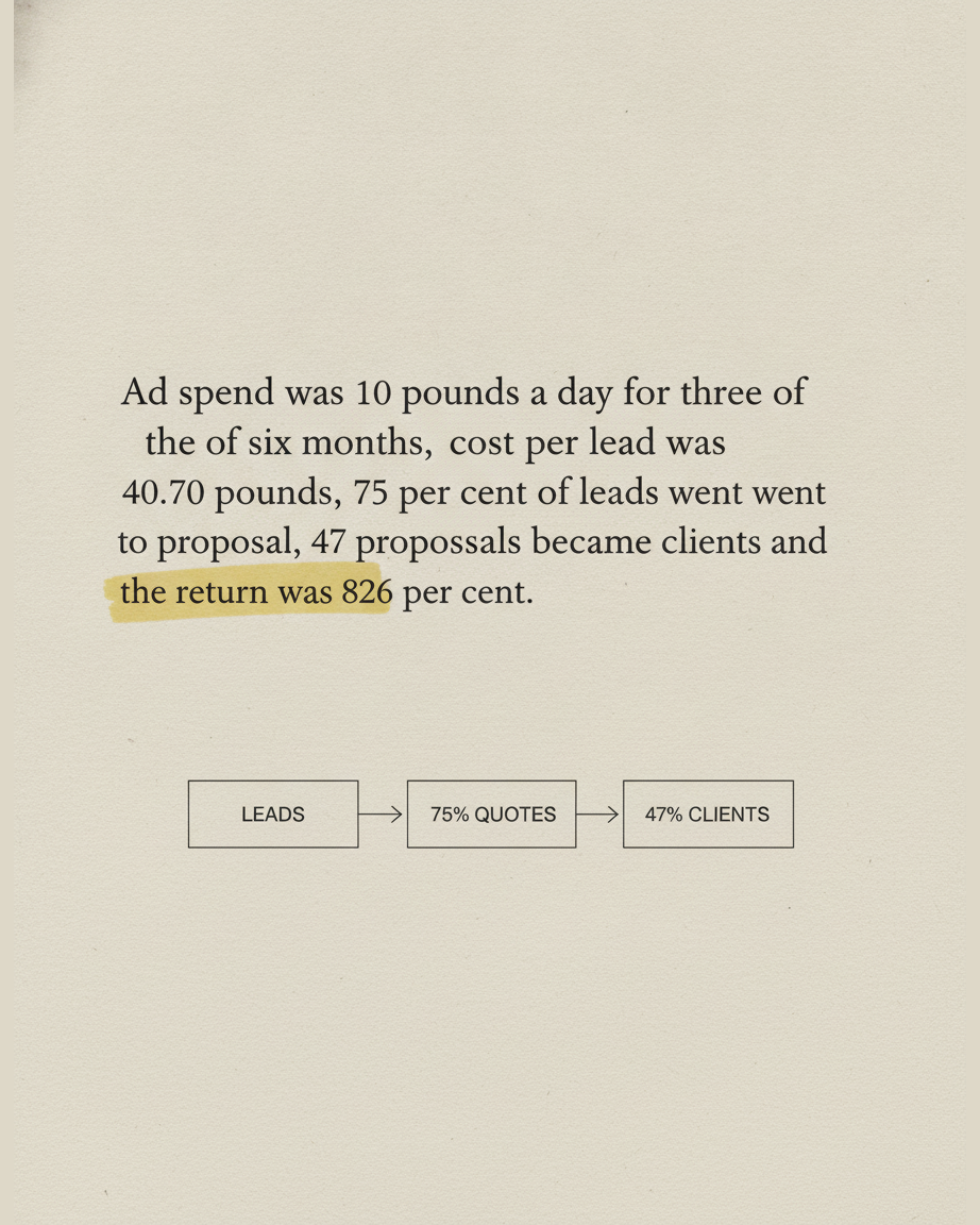 Grey paper page listing cost per lead, proposal rate and conversion rate, with a diagram of three boxes labelled leads, 75 per cent quotes and 47 per cent clients