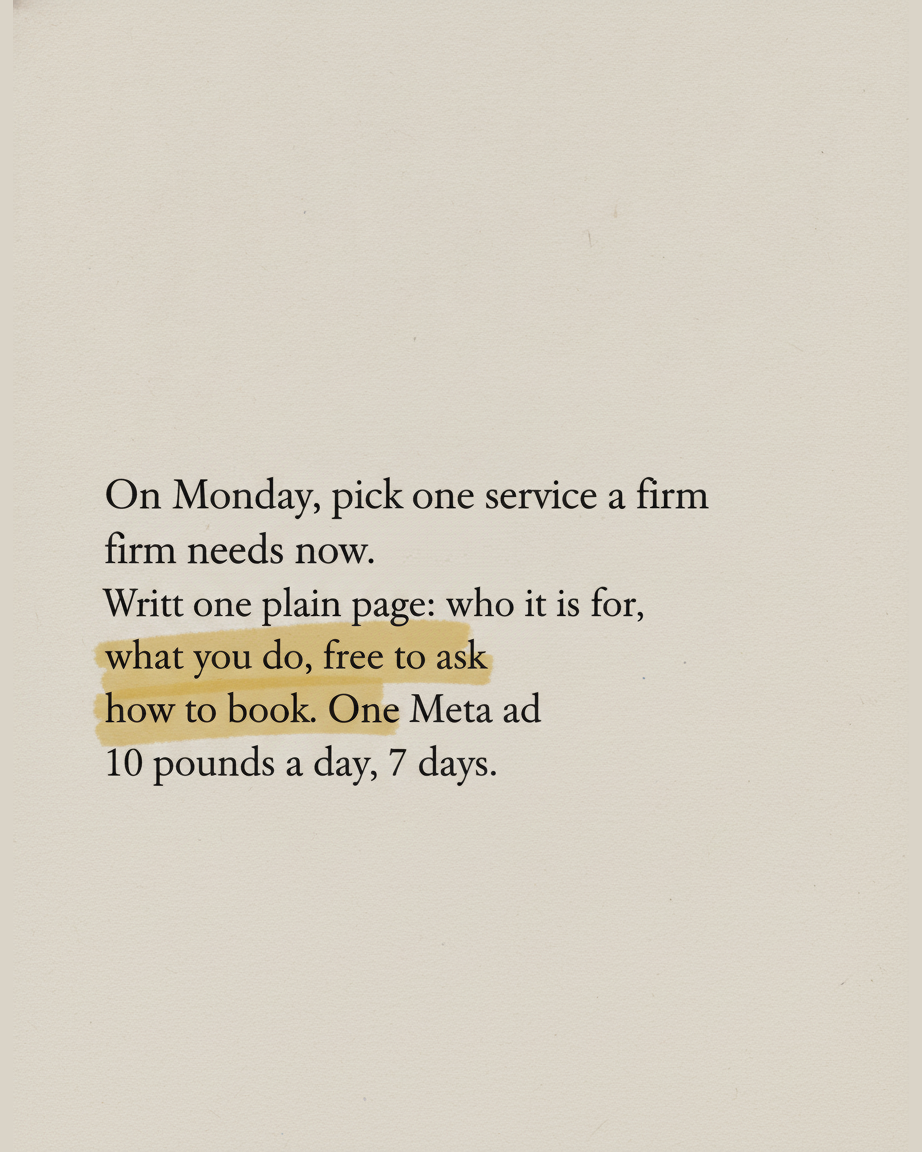 Grey paper page reading On Monday, pick one service a firm needs now, with the phrase 10 pounds a day highlighted in yellow