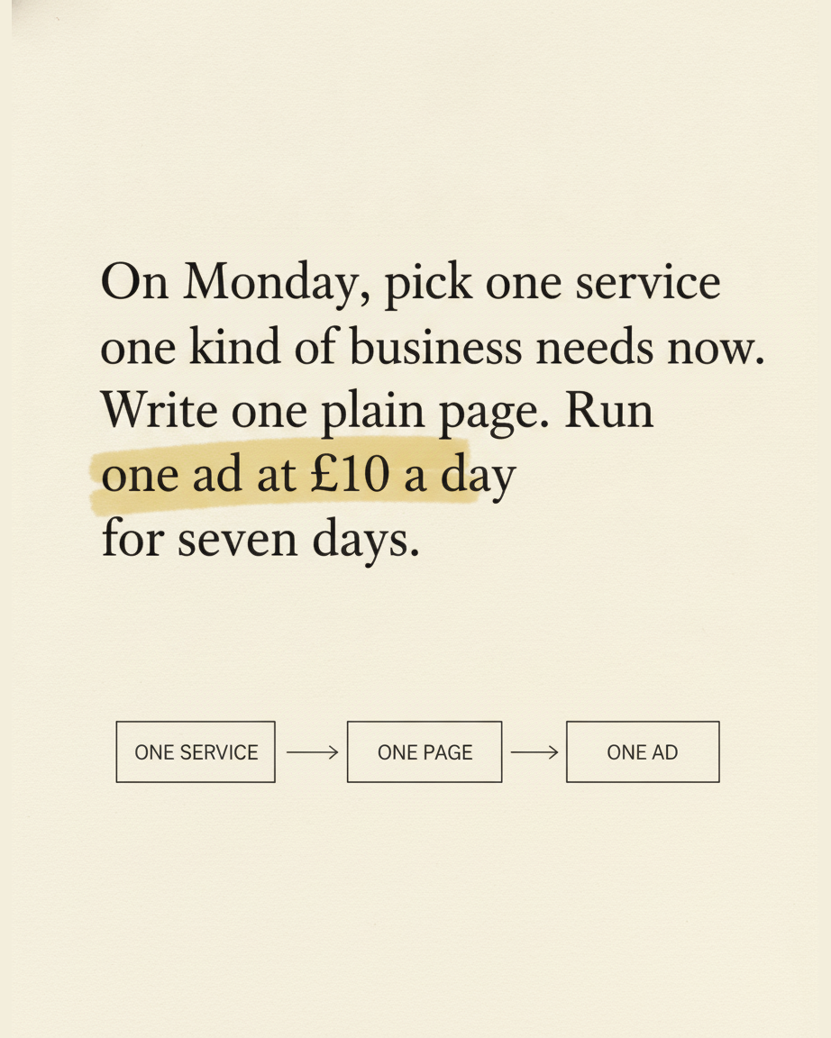Grey paper page reading On Monday pick one service one kind of business needs now, write one plain page, run one ad at £10 a day for seven days, with boxes labelled ONE SERVICE, ONE PAGE and ONE AD