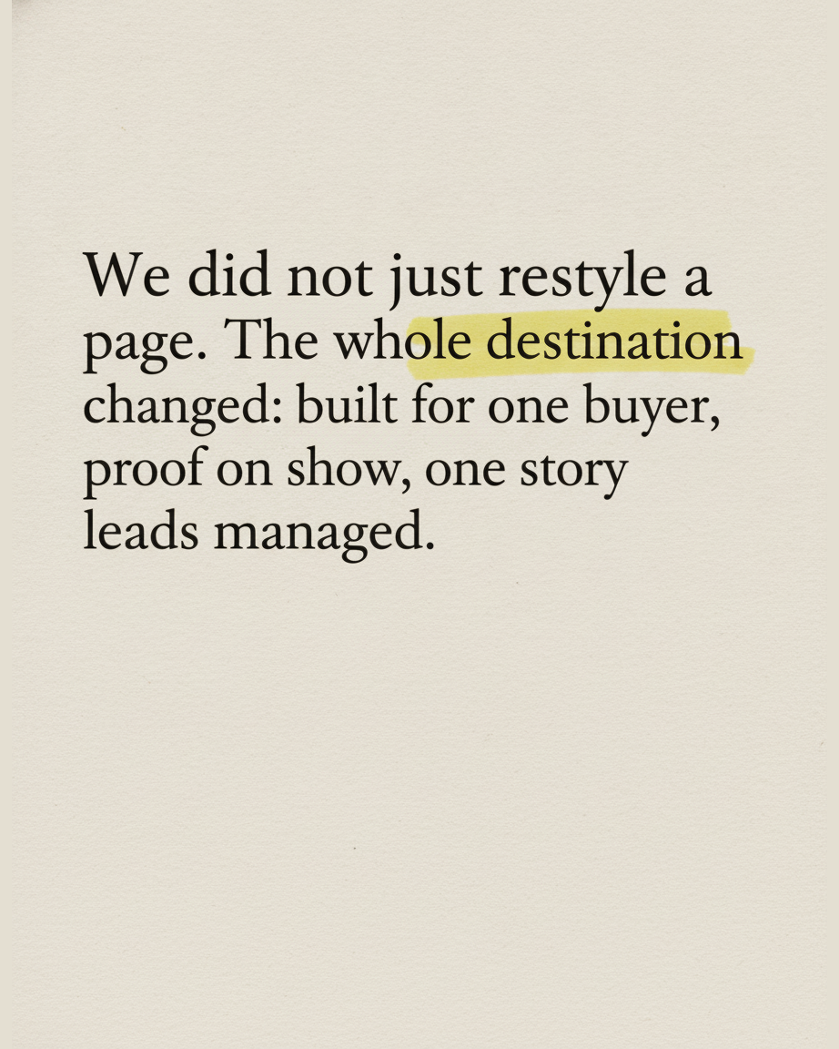 Grey paper page reading We did not just restyle a page, the whole destination changed, built for one buyer, proof on show, one story, leads managed, with whole destination highlighted in yellow