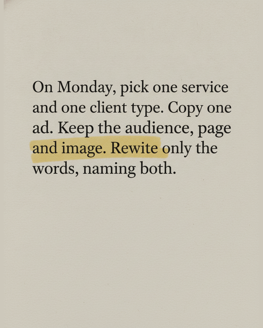 Grey paper page reading On Monday, pick one service and one client type. Copy one ad. Keep the audience, page and image. Rewrite only the words, naming both